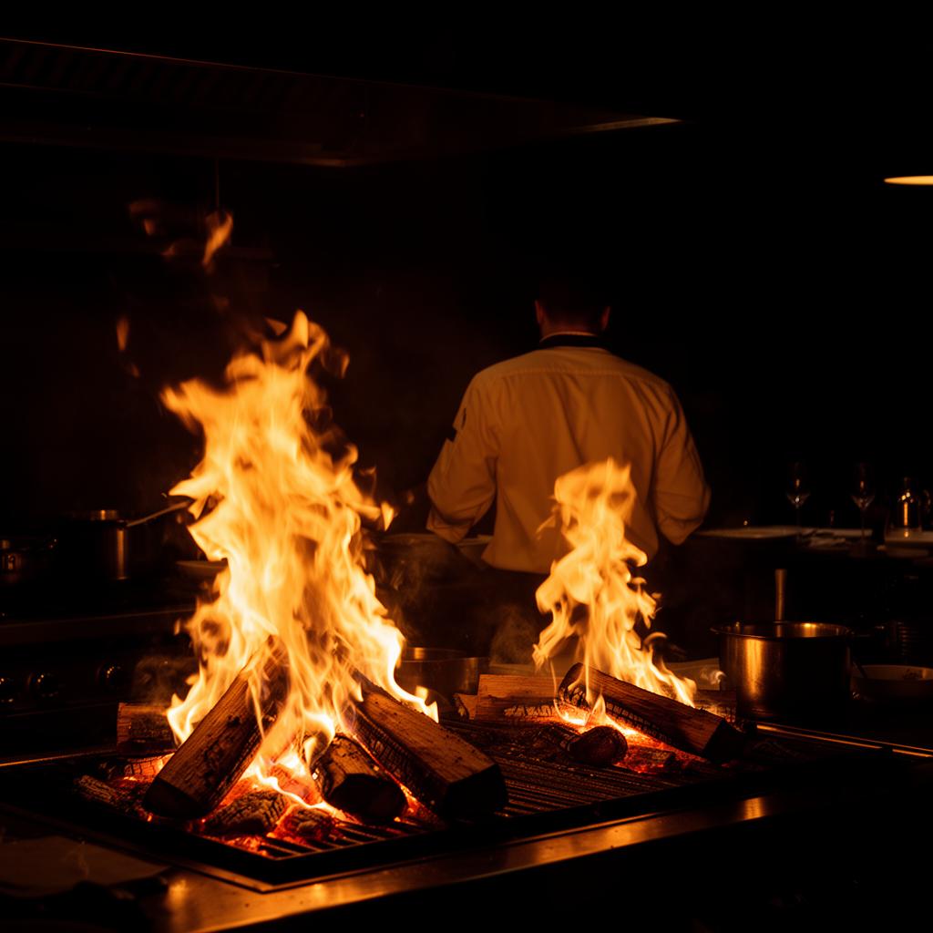 Koch grillt Burger über Holzfeuer
